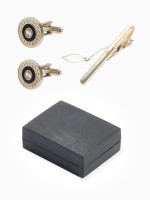 Набор мужской медный «Запонки + Зажим для галстука» круг с гравировкой, чёрно-белый в серебре