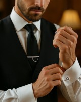 Набор мужской медный «Запонки + Зажим для галстука» круг с гравировкой, чёрно-белый в серебре