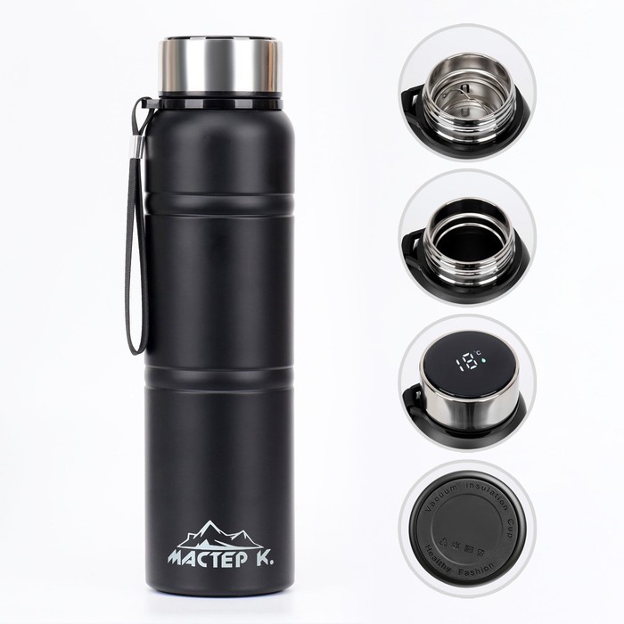 Термос Мастер К Warm, 850 мл, с ситечком, с датчиком температуры, сохраняет тепло 24 ч, нержавеющая сталь, чёрный