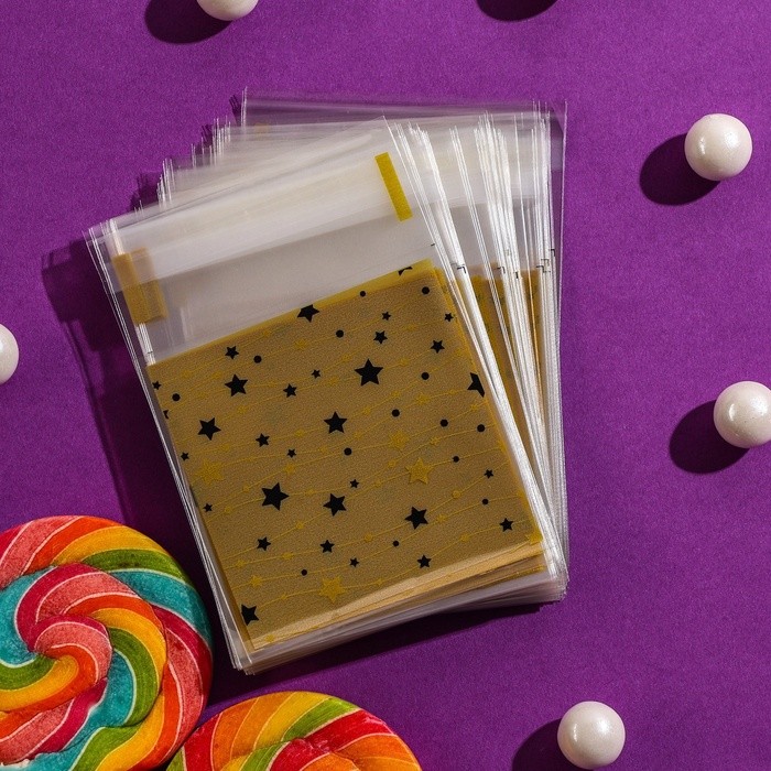 Пакет БОПП с липкой лентой, «Звездочки», 7×7+3 см
