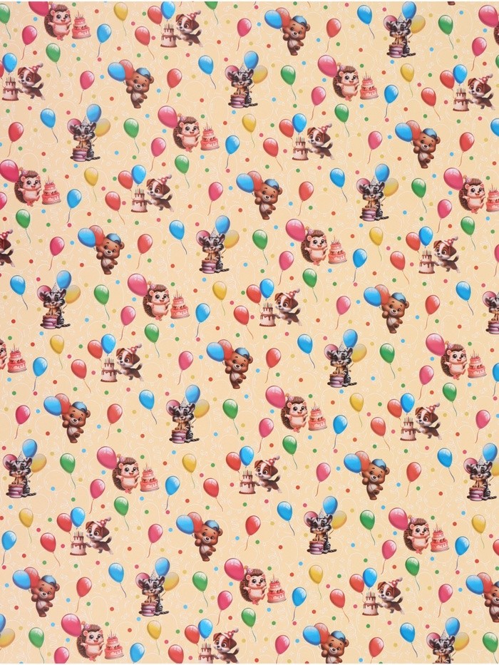 Бумага упаковочная глянцевая двусторонняя «Зверята с шарами», 100×70 см