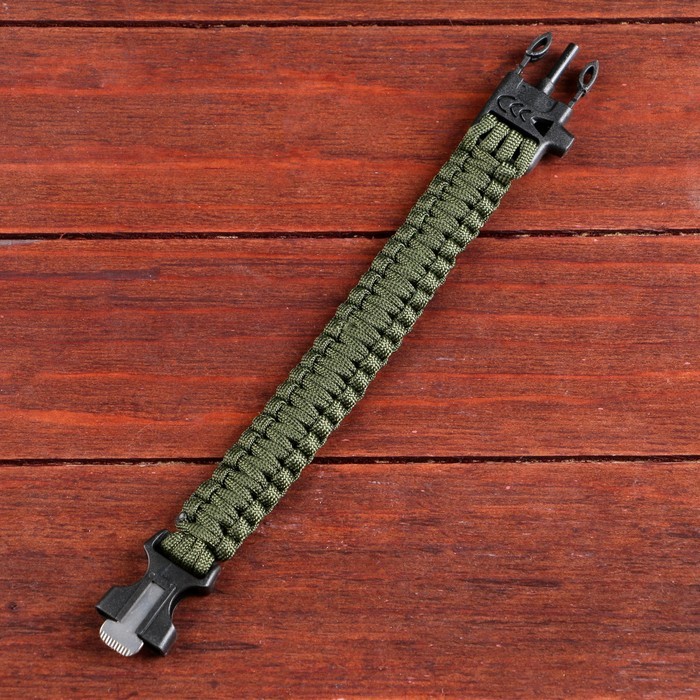 Браслет для выживания 3 в1 (паракорд 2 м, свисток, огниво), тёмно-зелёный, 25.5×2.5 см, 3 м