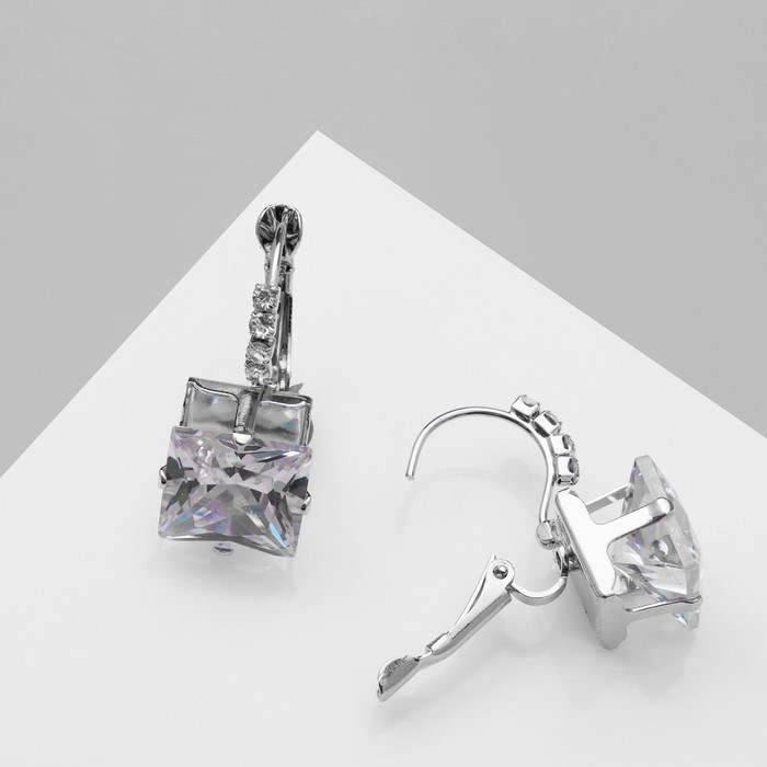 Серьги со стразами «Циркония» мини, квадрат, белые в серебре
