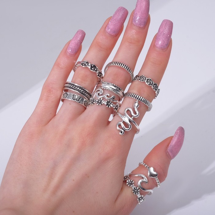 Кольца набор 13 штук «Ассорти» цветы, змея, размер МИКС, цвет чернёное серебро