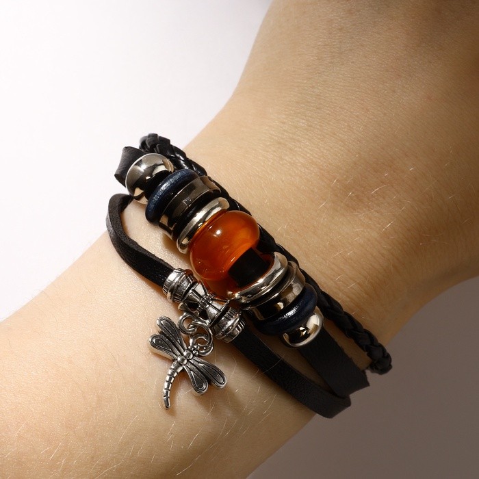 Браслет кожа «Хиппи» стрекозка, коричневый, d=6 см