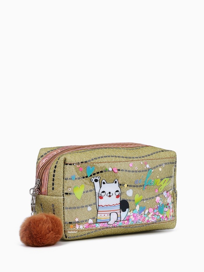 Косметичка на молнии объёмная, с ручкой, маленькая, с принтом «Кот и сердечки», жёлтая