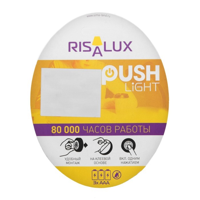 Ночник - пушлайт RISALUX «Круг», 4 диода, от батареек 3хААА, чёрный, 2.5×6.5×6.5 см