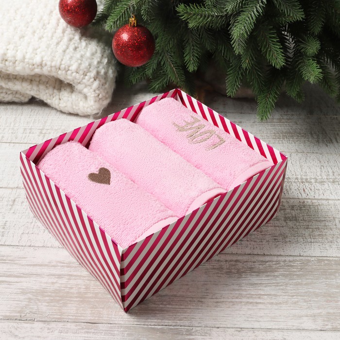Полотенца махровые «Этель» LOVE, 3 шт., 30×60 см, хлопок 100%, розовые