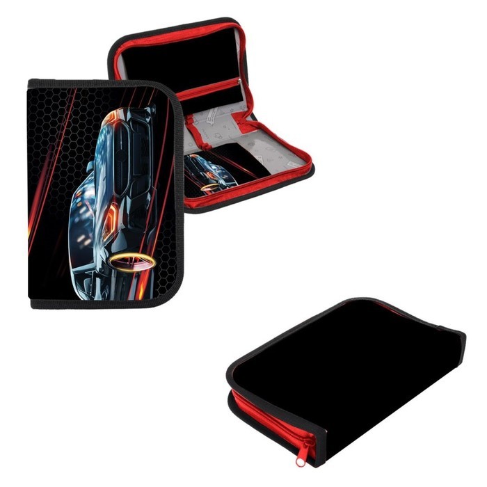 Пенал 1 секция 140 х 210 х 40 мм, откидной карман и косметичка, тканевый, Calligrata TOP Content "Крутая тачка"