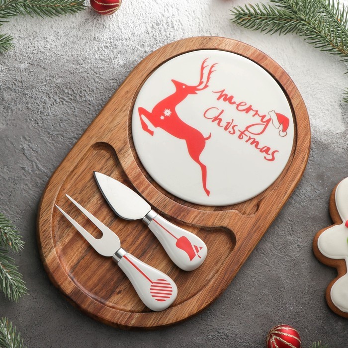 Набор для подачи сыра «Рудольф», 2 ножа, 28×18,5×1,5 см, овальный, акация