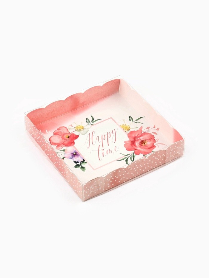 Коробка для печенья, кондитерская упаковка с пластиковой крышкой, Happy time, 15×15×3 см