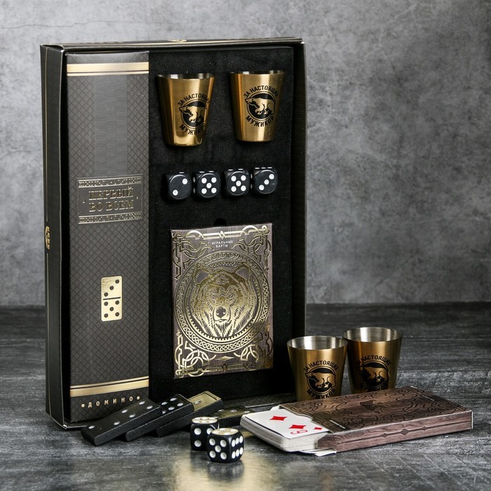Набор "За настоящих мужиков", карты 36 шт., домино, стопки 30 мл 2 шт., кости игральные 4 шт.