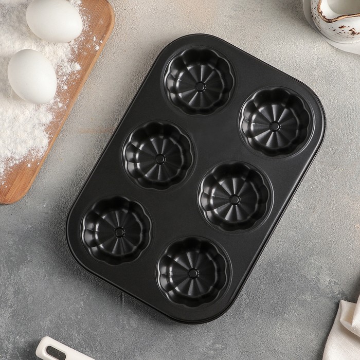 Форма для выпечки Доляна «Неженка», 27×18×3 см, 6 ячеек, антипригарное покрытие, цвет чёрный