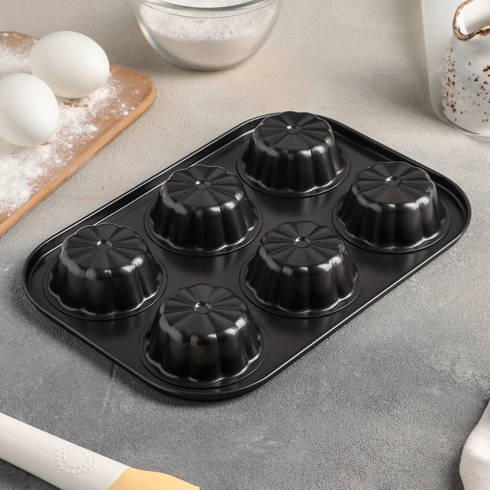 Форма для выпечки Доляна «Неженка», 27×18×3 см, 6 ячеек, антипригарное покрытие, цвет чёрный