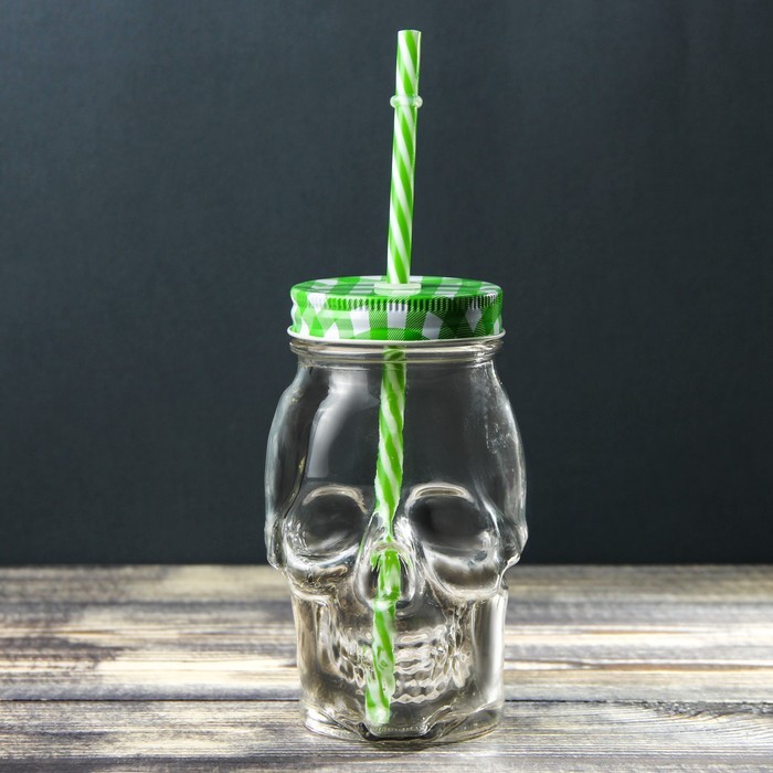 Банка крышкой и трубочкой «Череп», 9×9×14,5 см, цвет МИКС