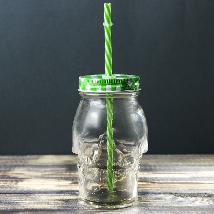 Банка крышкой и трубочкой «Череп», 9×9×14,5 см, цвет МИКС