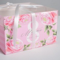 Коробка для капкейков, кондитерская упаковка, 4 ячейки «Поздравляю с 8 марта», 16×16×10 см