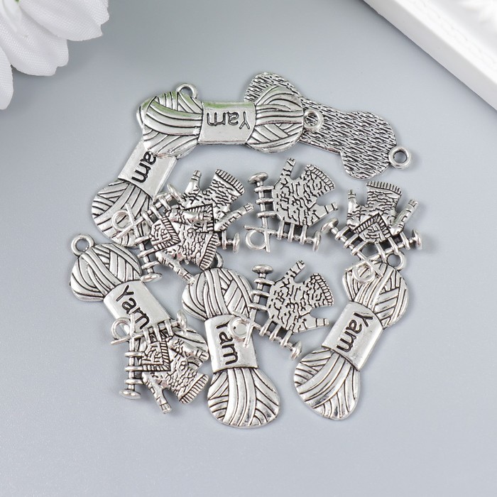 Декор для творчества металл "Пряжа и свитер" серебро набор 6+6 шт 3,1х1,2 см 1,7х1,9 см