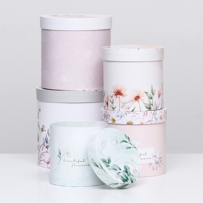 Набор шляпных подарочных коробок 5 в 1 «Цветочный», 20×20×20‒14×14×14 см