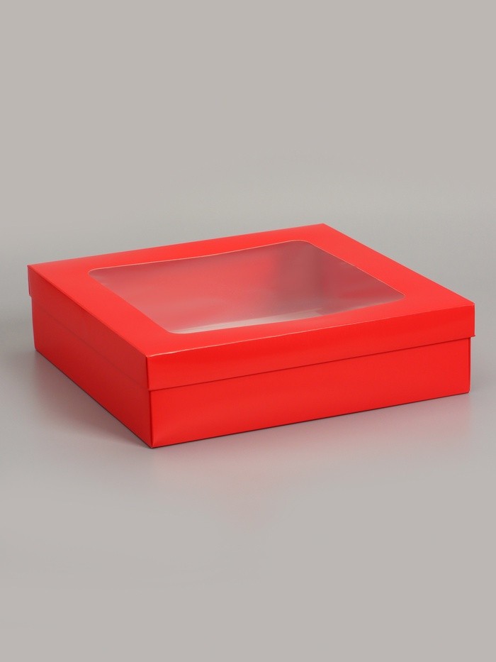 Коробка складная, крышка-дно, красная, с окном, 30×30×8 см