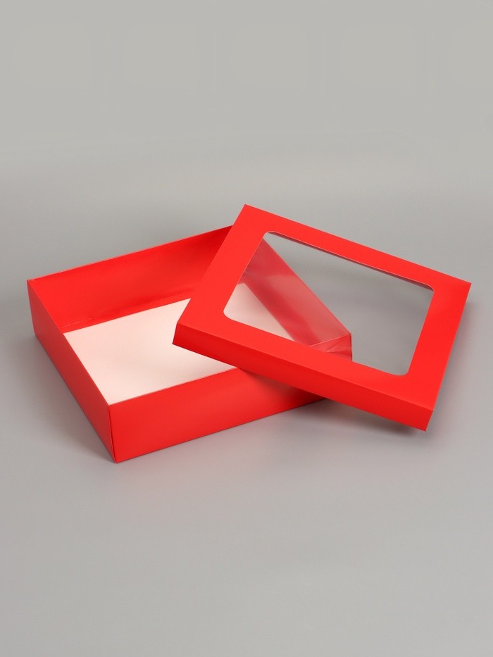 Коробка складная, крышка-дно, красная, с окном, 30×30×8 см