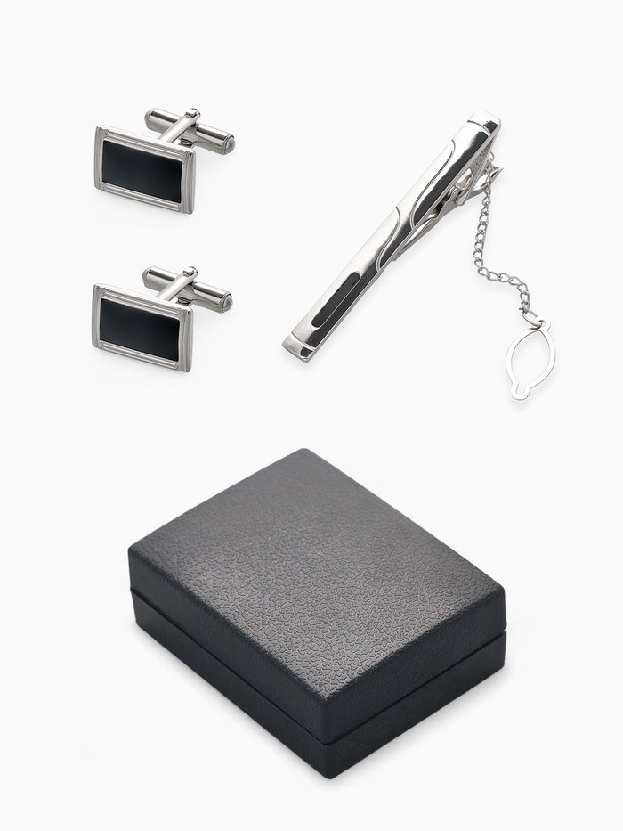 Набор мужской медный «Запонки + Зажим для галстука» прямоугольник с эмалью, чёрно-серебристый