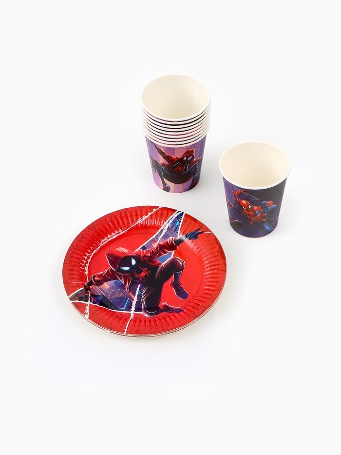 Посуда одноразовая бумажная на 10 персон: стаканы, тарелки, скатерть, Человек Паук