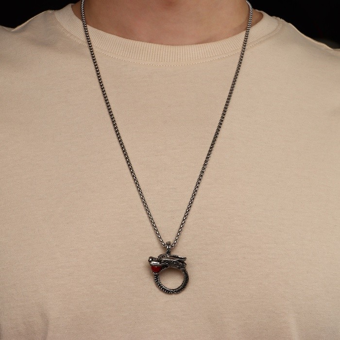 Кулон унисекс «Дракон» с бусиной, цвет красный в чернёном серебре, 60 см