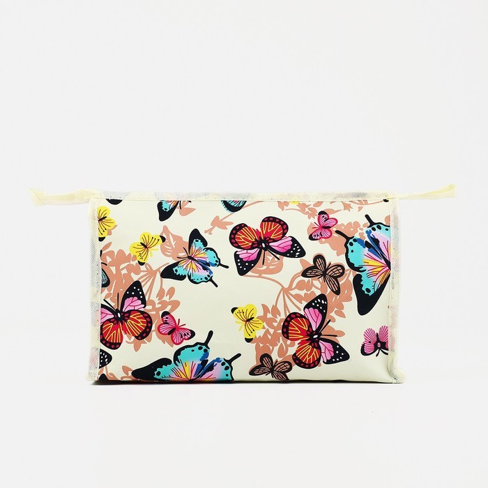 Косметичка на молнии, треугольная, большая, с рисунком «Яркие бабочки», бежевая