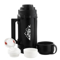 Термос, 2 л, Тропа "Мастер К.", с двумя кружками, сохраняет тепло 24 ч, 34 х 11 см, черный