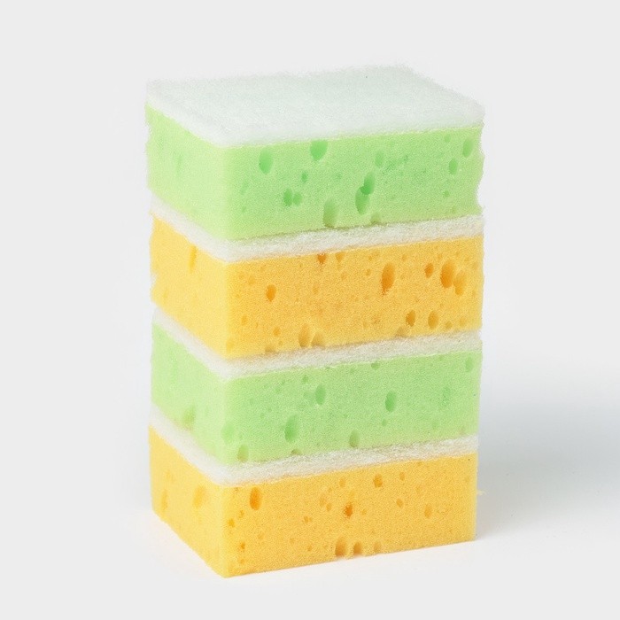 Набор губок для мытья посуды Raccoon «Ренессанс», 4 шт., 9×6.5×3.5 см, крупнопористый поролон, жёлтый, зелёный