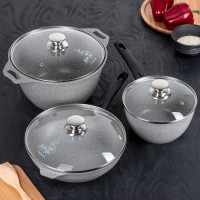 Набор кухонной посуды «Мраморная №4», стеклянная крышка, съёмная ручка, антипригарное покрытие, цвет светлый мрамор