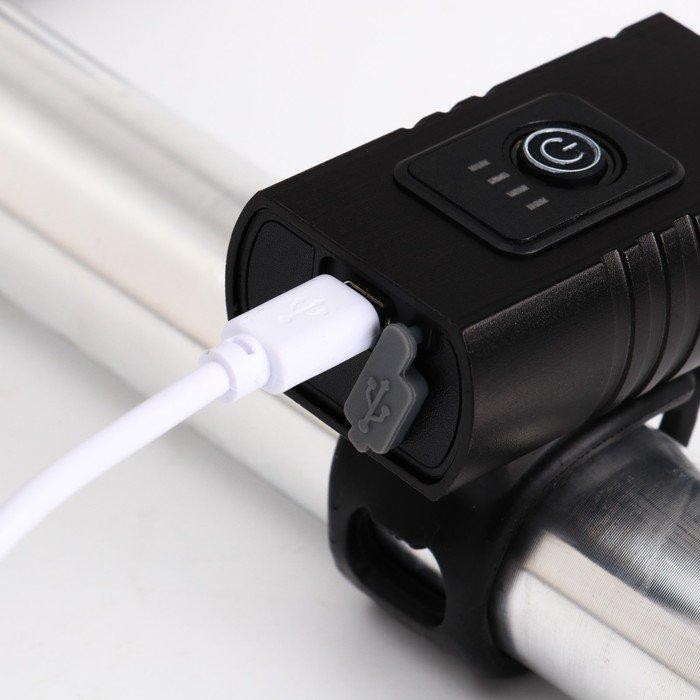 Фонарь велосипедный аккумуляторный, 10Вт, 1200мАч, 600 лм, 6 режимов, 2LED, IPX5, 6.5x3.8 см