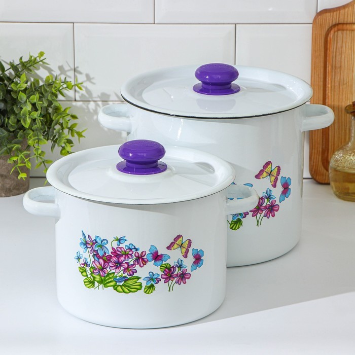 Набор кастрюль «Фиалка», 2 предмета: 3,5 л, 5,5 л, индукция, цвет белый