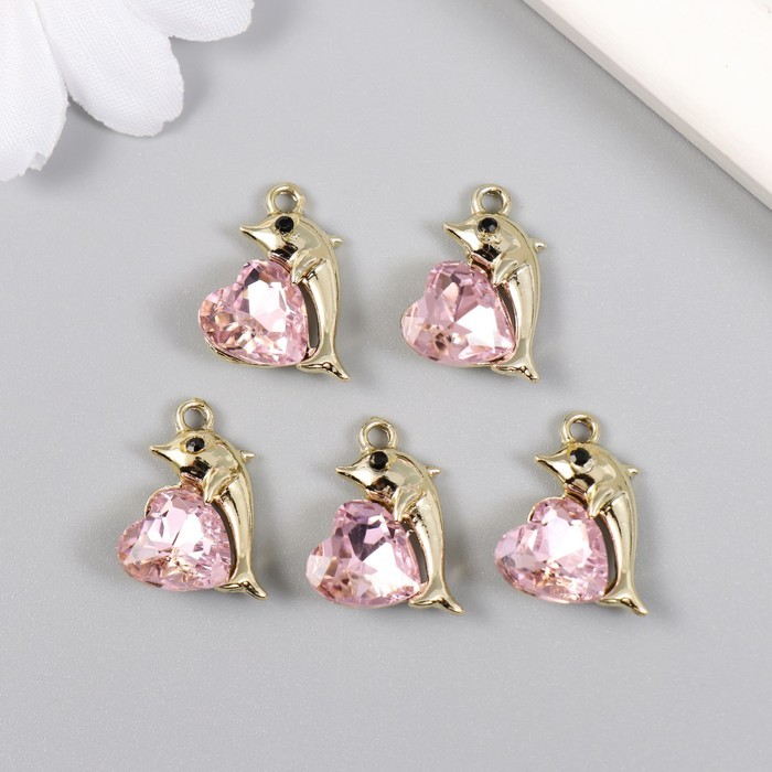 Декор для творчества металл, стразы "Дельфин с сердцем" золото 1,2х2 см