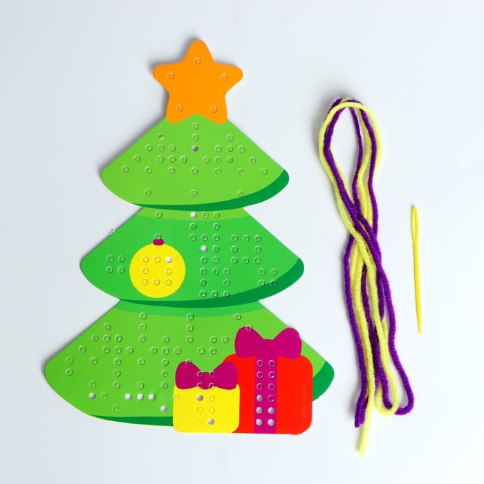 Вышивка пряжей «Новый год! Ёлка» на картоне с пластиковой иглой, набор для творчества