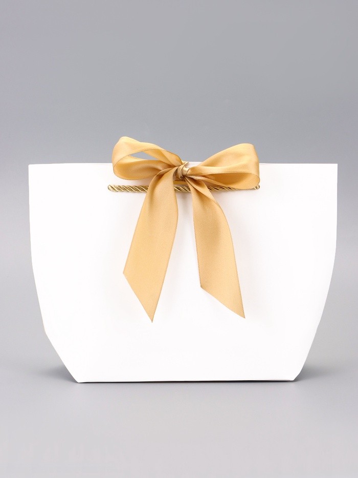 Пакет подарочный ламинированный, с лентой «Белый», горизонтальный, 19×20×9 см