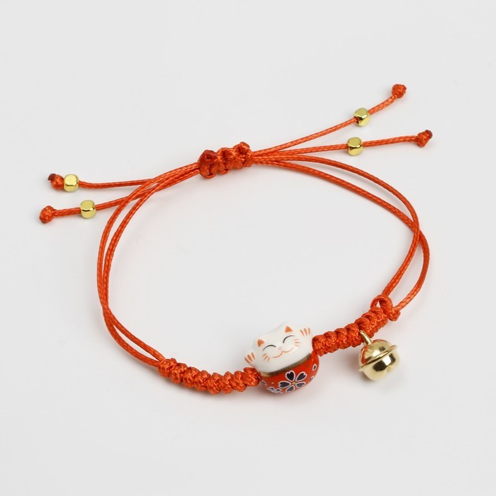 Браслет «Котик» на нити, нэко, красный в золоте
