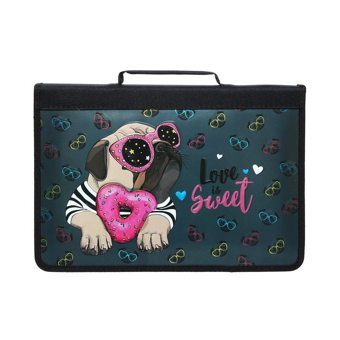 Папка-пенал для труда А4, 340 х 240 х 30 мм, с ручкой, молния вокруг, "Love is", ламинированный картон (объемный 3D-рисунок с эффектом металлика)