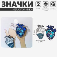 Значки-неразлучники «Сердца» бэст фрэндс, цвет бело-голубой в чёрном металле