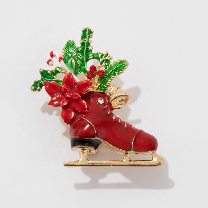 Брошь новогодняя «Конёк» с цветами, цветная в золоте