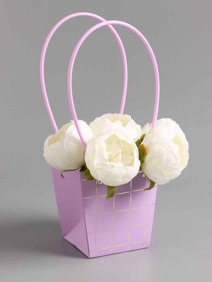 Сумка переноска для цветов, лиловая влагостойкая, с тиснением, 13×9.5×13±5% см