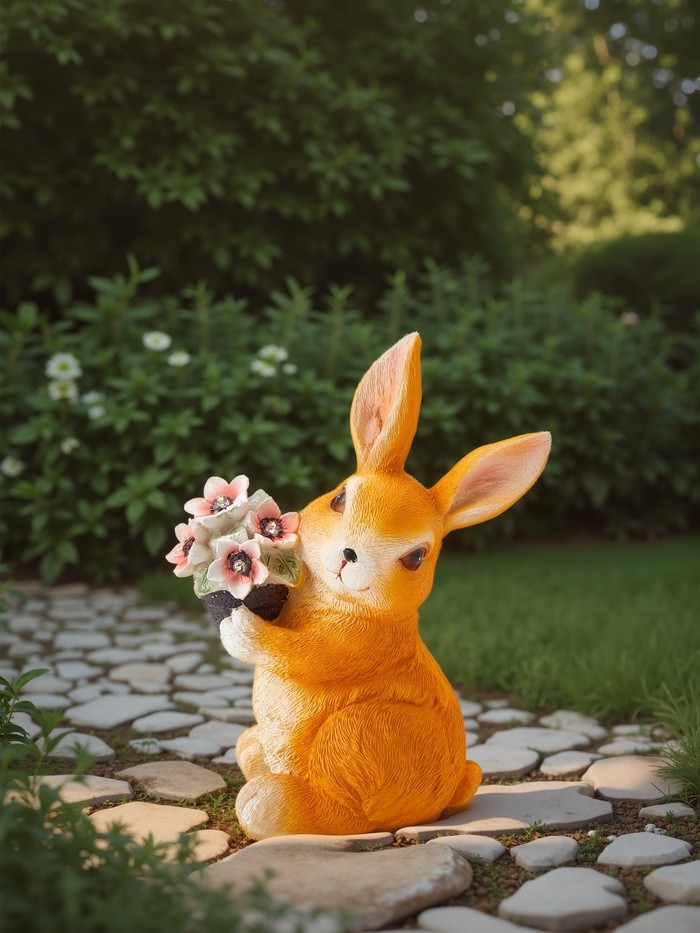 Садовая фигура из полистоуна «Зайка с букетом», 22×11×17 см, с подсветкой
