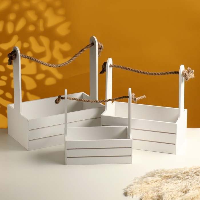 Подарочный ящик «Аром», деревянный, ручка - канат, белый, набор 3 шт.