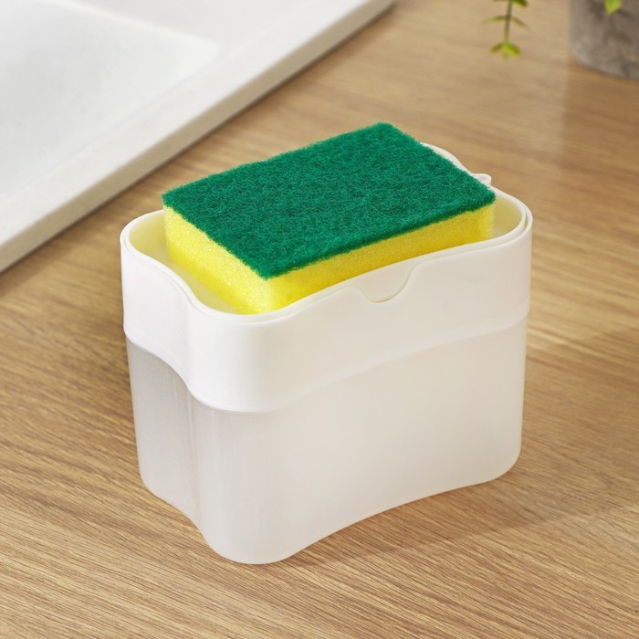 Дозатор для моющего средства с подставкой для губки Доляна, губка в комплекте, 385 мл, белый