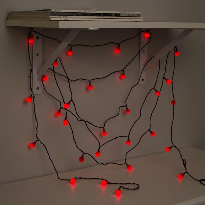 Гирлянда «Нить» 5 м с насадками «Шарики красные», IP20, тёмная нить, 30 LED, свечение красное, 8 режимов, 220 В