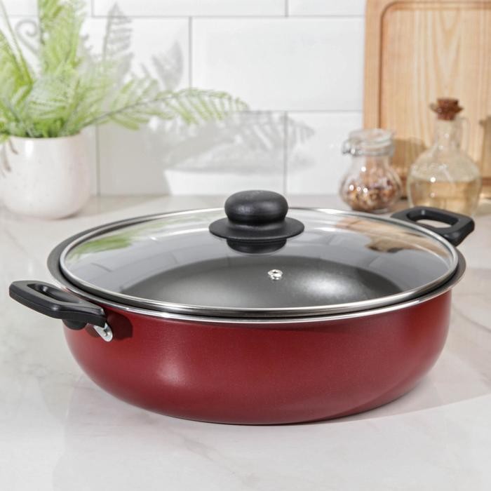 Жаровня «Эксперт», 3,5 л, d=26 см, стеклянная крышка, пластмассовые ручки, антипригарное покрытие, цвет бордовый