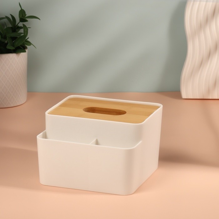Органайзер для хранения «BAMBOO», с крышкой, 3 секции, 16×15×10 см, белый, коричневый