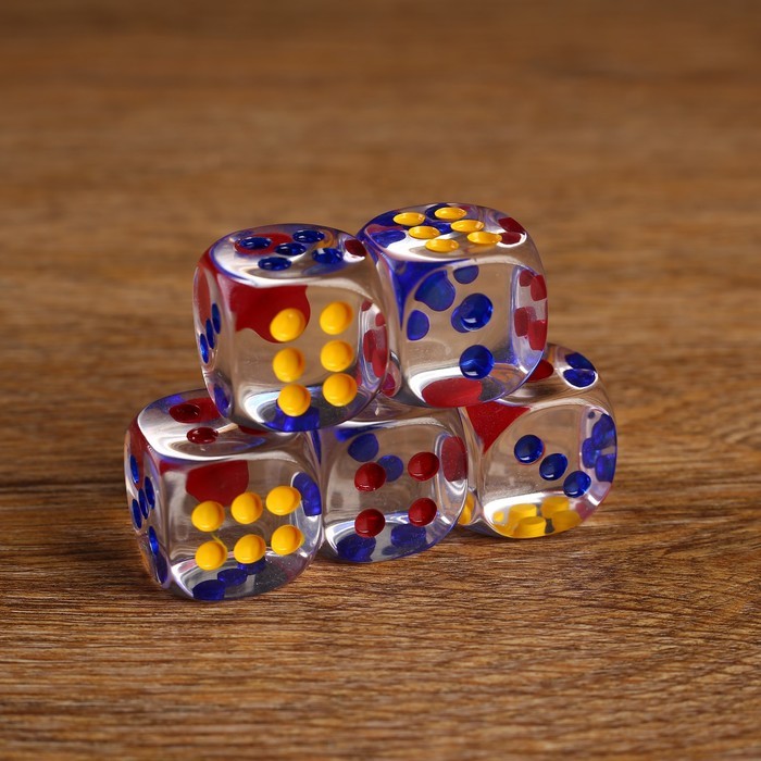 Кости игральные 2.5 х 2.5 см, прозрачные, набор 5 шт