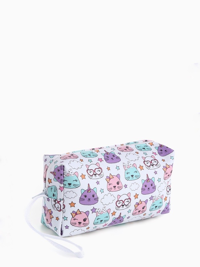 Косметичка на молнии с ручкой, объёмная, маленькая, с принтом «Волшебные котята», белая
